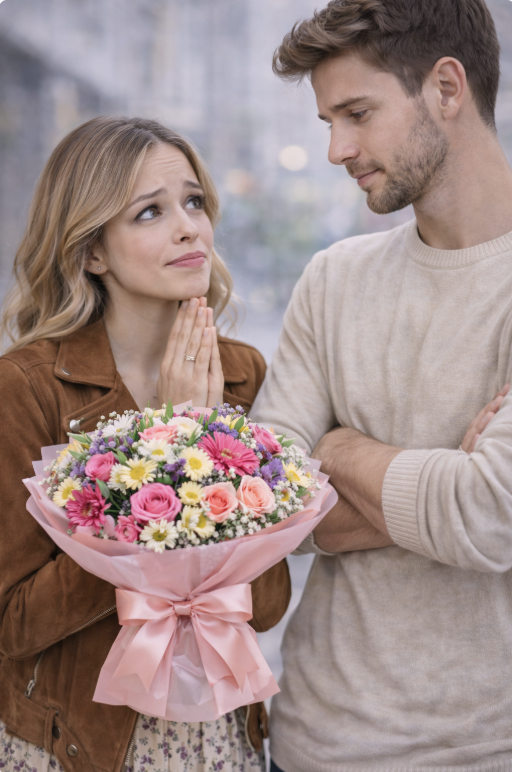 ragazza che chiede scusa al fidanzato con un bouquet di fiori