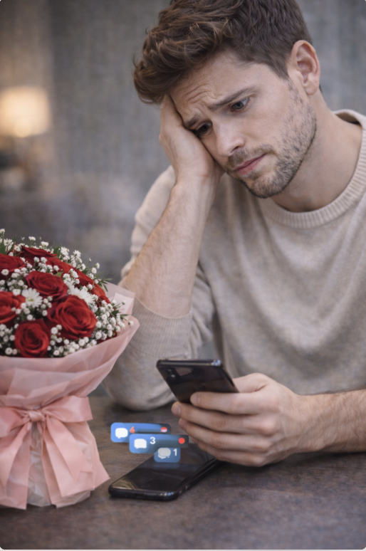 persona pensierosa che osserva un telefono con messaggi non letti e un bouquet accanto