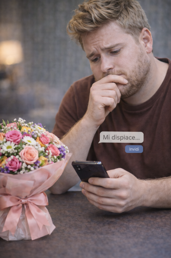 persona pensierosa prima di inviare un messaggio di scuse con un bouquet accanto
