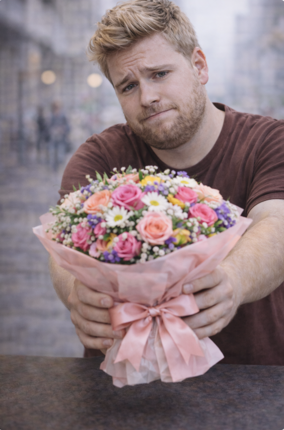 persona che offre un bouquet di fiori come gesto di scuse