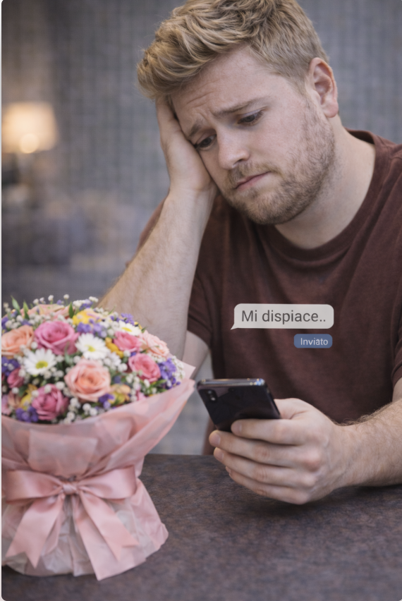 persona che riflette dopo aver inviato un messaggio di scuse con un bouquet di fiori accanto