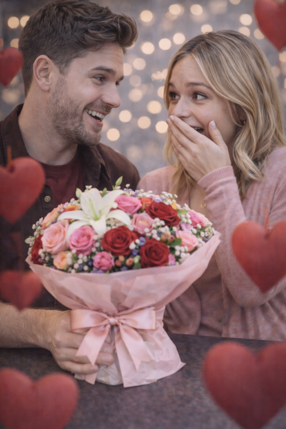coppia sorpresa a san valentino con bouquet di fiori romantici