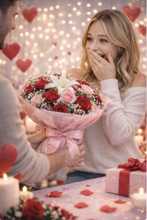 sorpresa romantica per lei a san valentino con bouquet di fiori